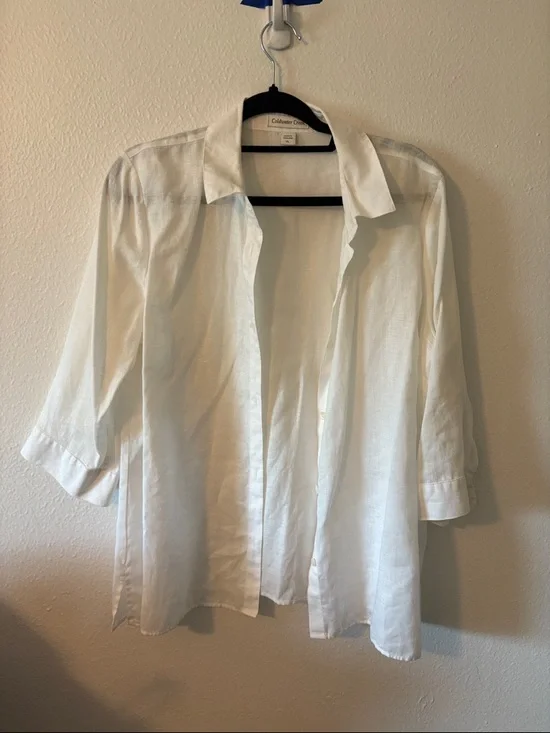 Coldwater Creek White Button-Up Top 100% Linen 3/4 Sleeve - Picture 1 of 3